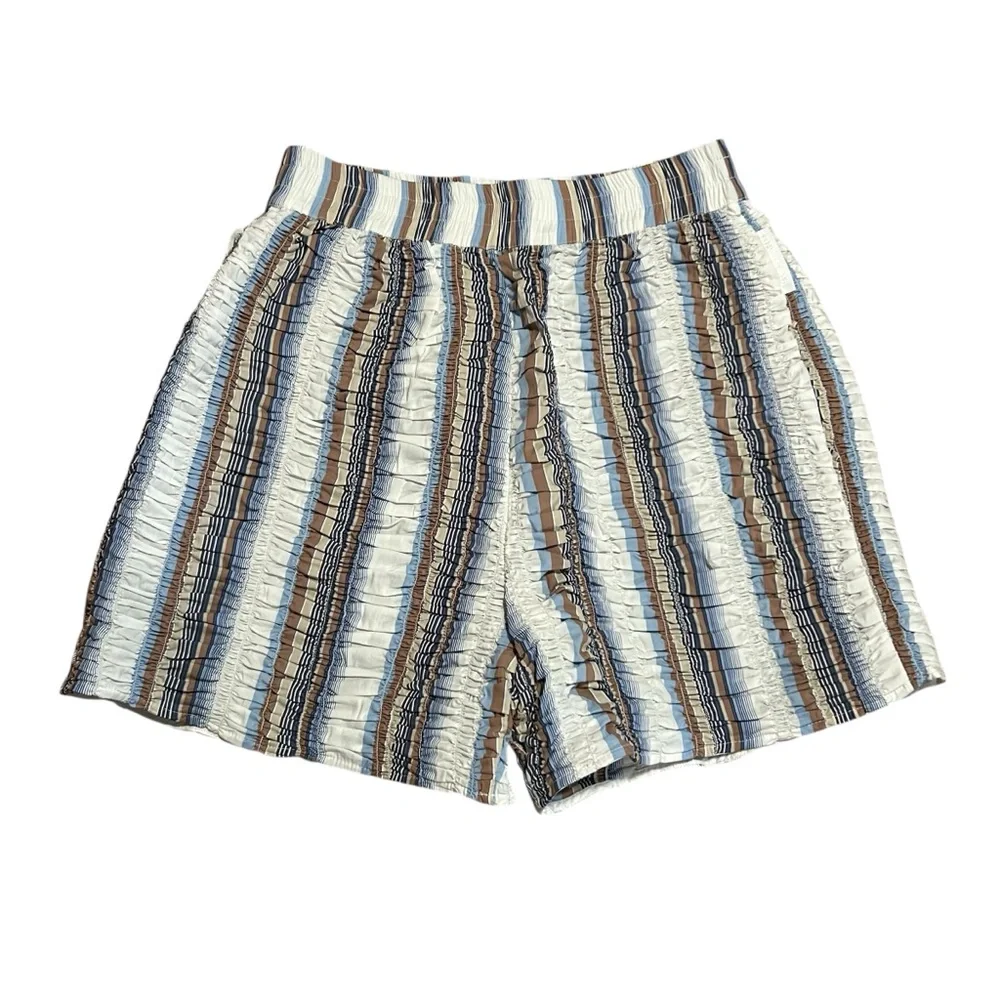 Bianca Saunders Shrunk Stripe Ruched Shorts Size XL Men’s Blue White Tan